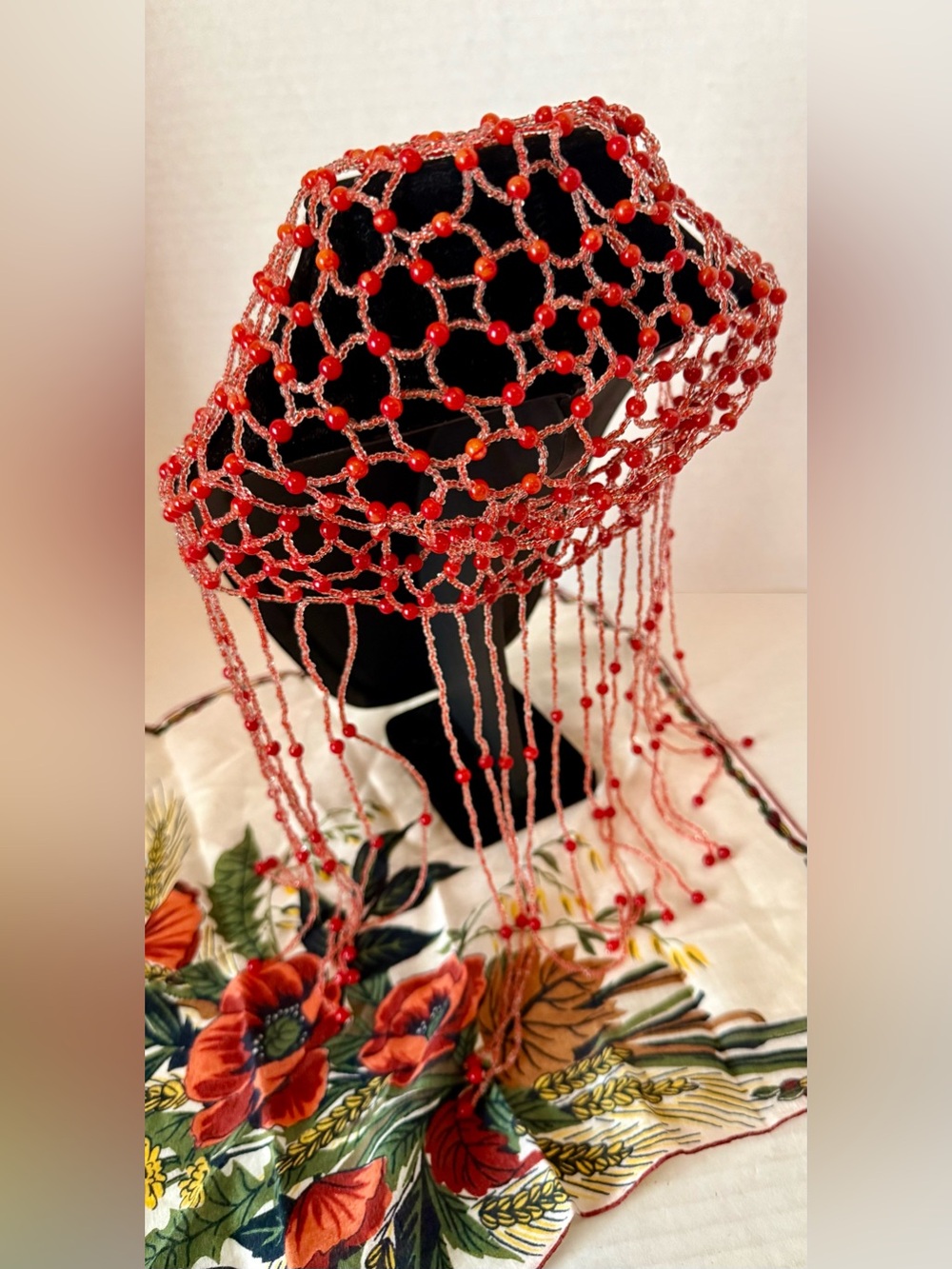 Handmade Red Beaded Fringe Headscarf